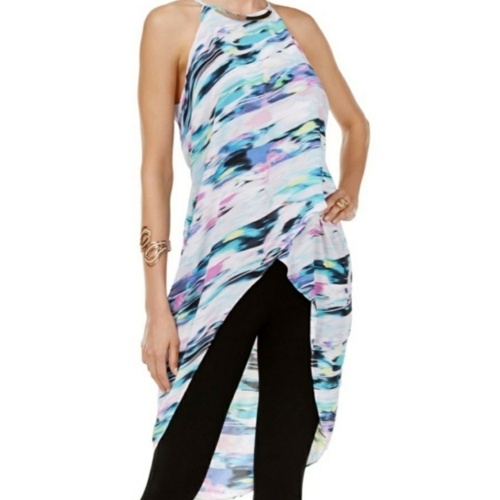 THALIA SODI Colorful White Stripe Hi Low Criss Cross Tunic Top Large NWT
